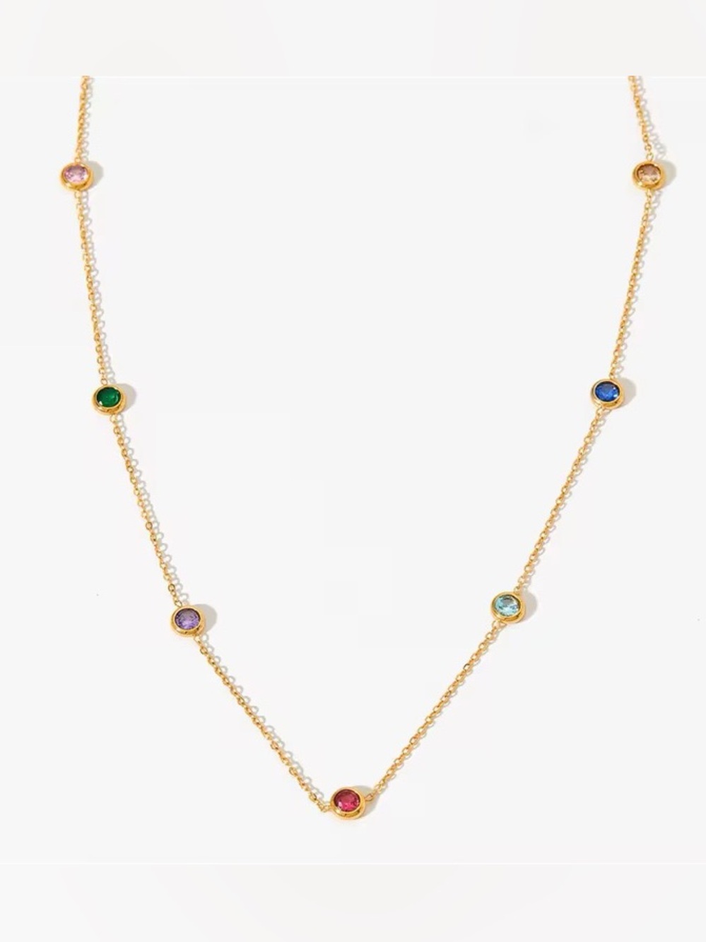 18K Gold Plated Station Necklace with Multi-Colored Gemstones